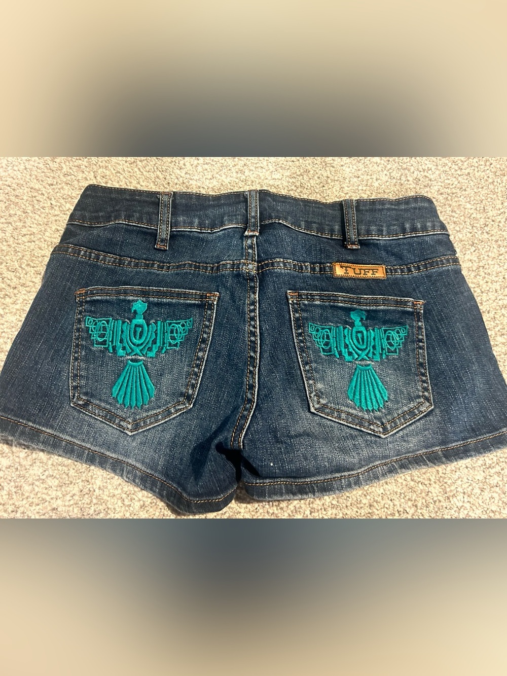 Cowgirl Tuff Dark Blue Jean Shorts with Teal Embroidered Back Pockets